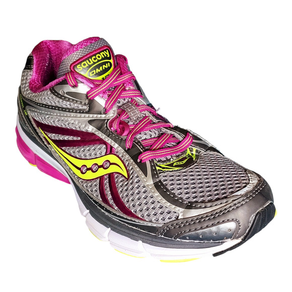 Saucony Progrid Omni 12 Womens Running Shoe Sneaker Gray Pink Purple Neon Sz 7.5 - Picture 1 of 10